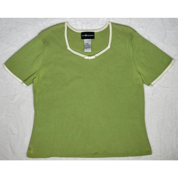 VTG Sag Harbor Pistachio Green Short Sleeve Bow Sweater 90s Coquette sz L Preppy - Picture 1 of 5